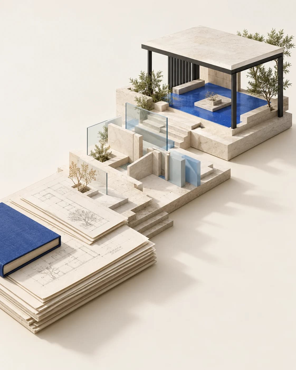 Reference folios connect through fitted architectural layers into one open client-service pavilion.